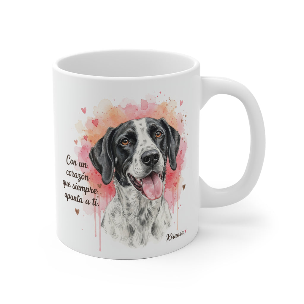 Taza cerámica Pointer Inglés con frase "Con un corazón que siempre apunta a ti" – vista frontal