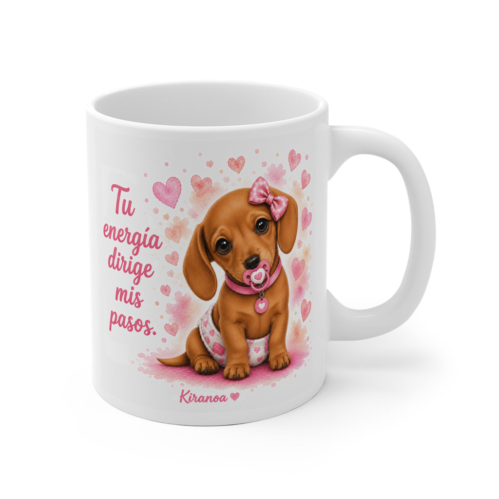 Taza cerámica Teckel Pink con frase Tu energía dirige mis pasos – vista frontal