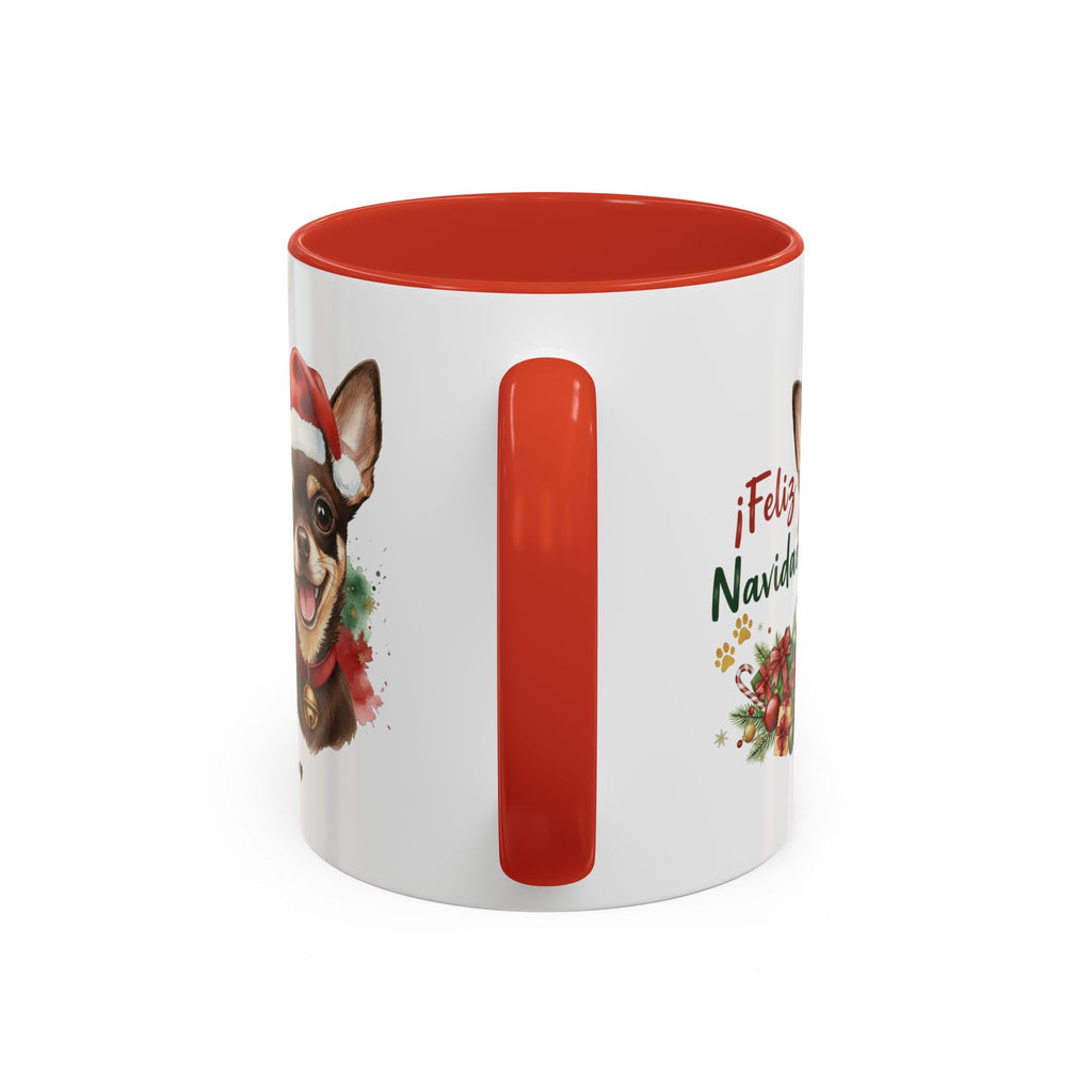 Taza Navideña Chihuahua chocolate de 325 ml con interior y asa en rojo navideño vista lateral Kiranoa