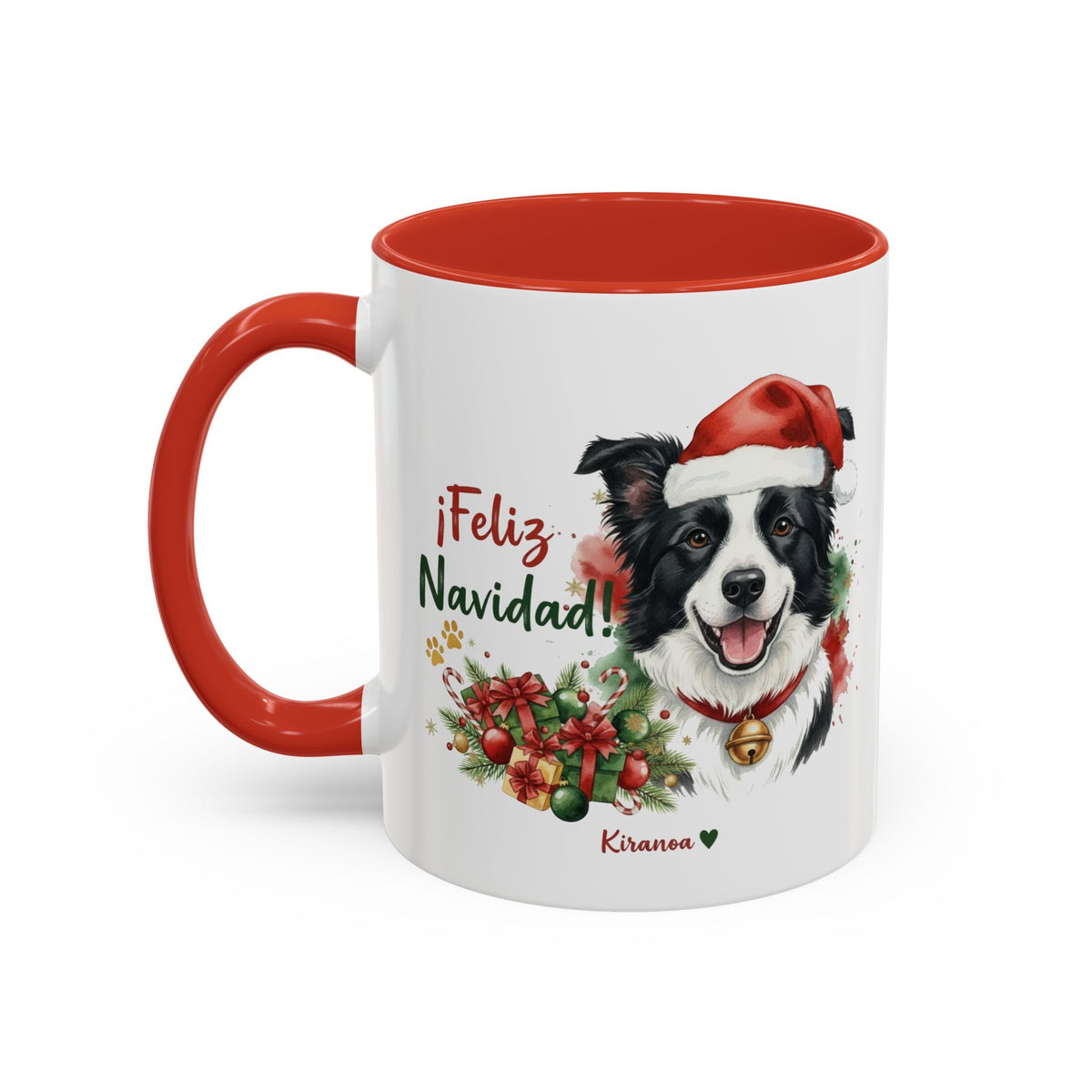 Taza Navideña Border Collie con interior y asa roja vista trasera Kiranoa