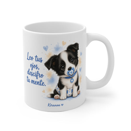 Taza cerámica Border Collie Blue con frase Leo tus ojos descifro tu mente – vista frontal