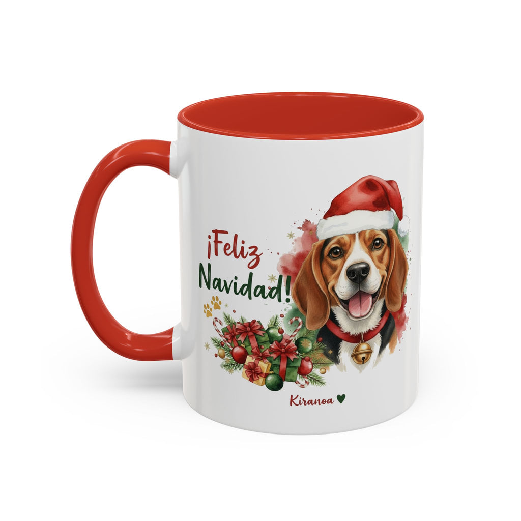 Taza Navideña Beagle con interior y asa roja vista trasera Kiranoa