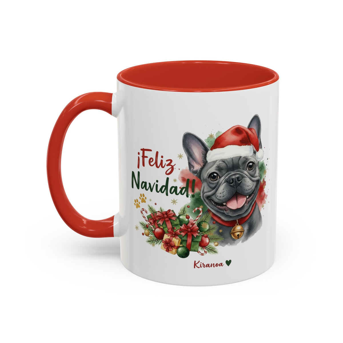 Taza Navideña Bulldog Francés Blue con interior y asa roja vista trasera Kiranoa