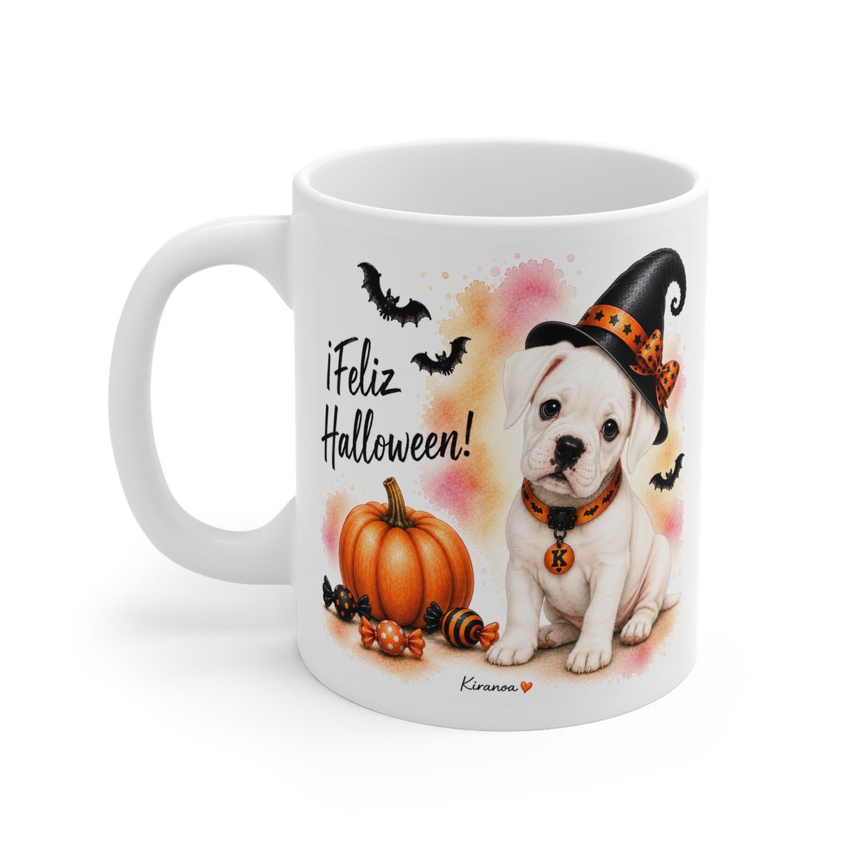 Taza cerámica Bóxer Albino Halloween con diseño impreso en ambas caras vista trasera Kiranoa