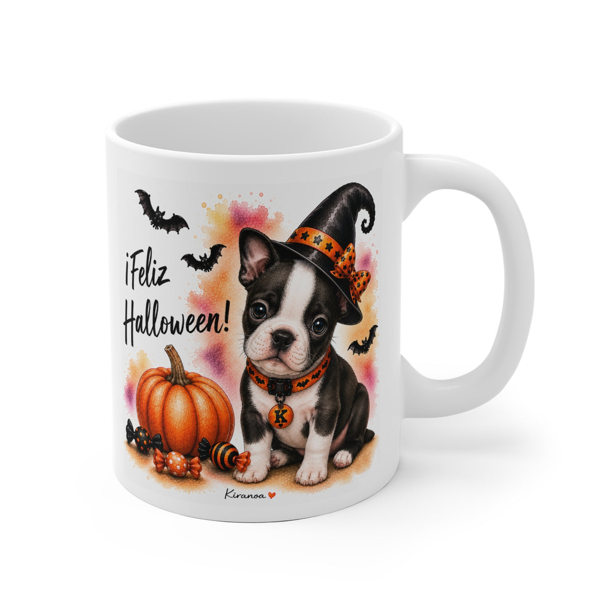Taza cerámica Boston Terrier Halloween con ilustración terrorífica vista frontal Kiranoa
