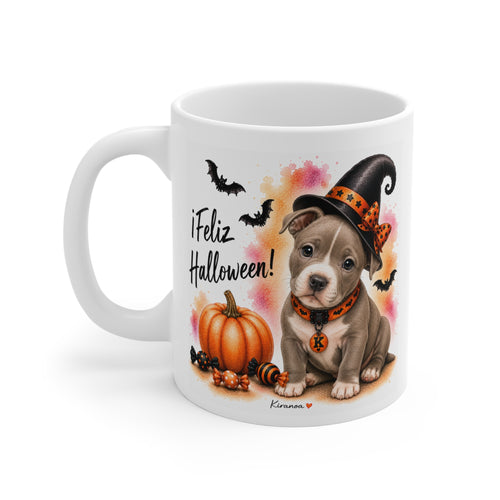 Taza cerámica American Pit Bull Terrier Halloween con diseño impreso en ambas caras vista trasera Kiranoa