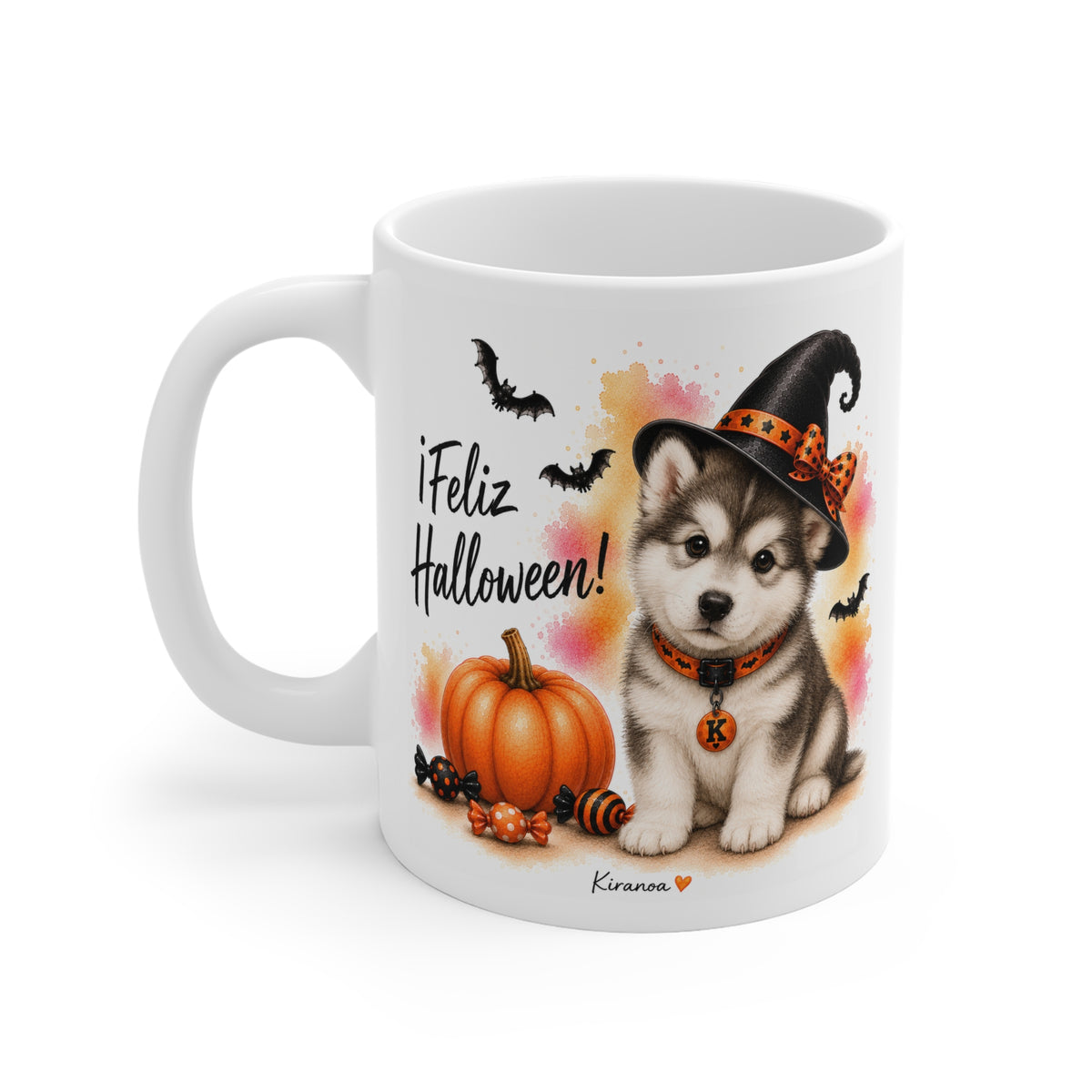 Taza cerámica Malamute Halloween con diseño impreso en ambas caras vista trasera Kiranoa