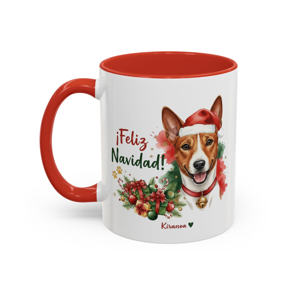 Taza Navideña Basenji con interior y asa roja vista trasera Kiranoa