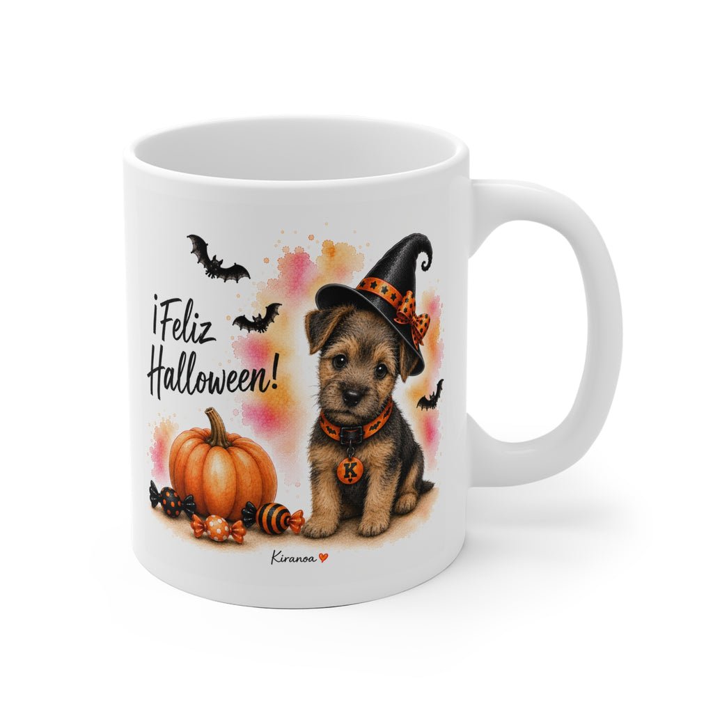 Taza cerámica Border Terrier Halloween con ilustración terrorífica vista frontal Kiranoa
