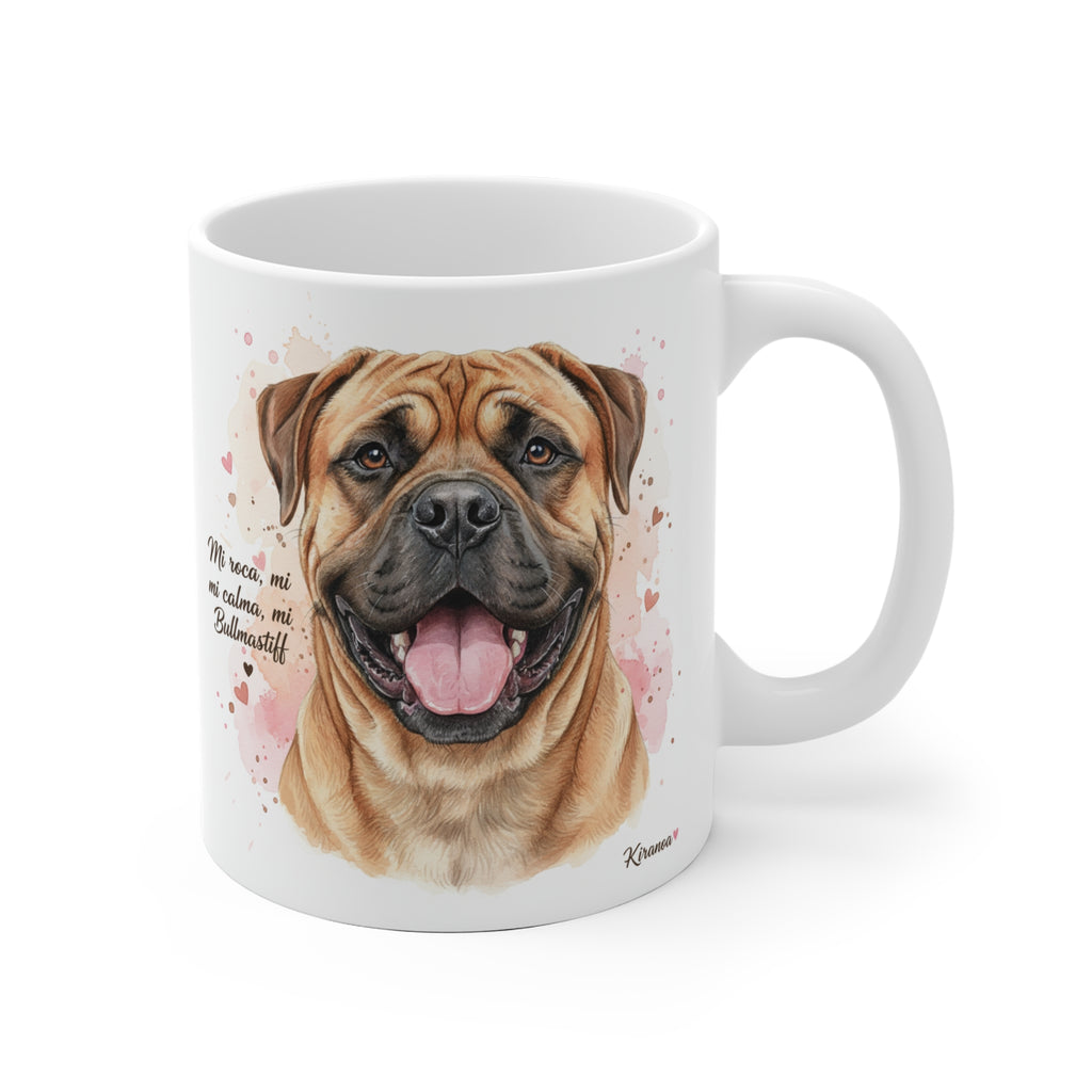 Taza cerámica Bullmastiff con frase Mi roca mi calma mi Bullmastiff – vista frontal