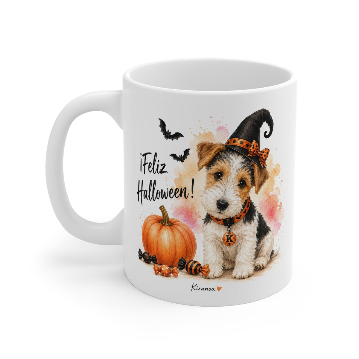 Taza cerámica Fox Terrier Halloween con diseño impreso en ambas caras vista trasera Kiranoa
