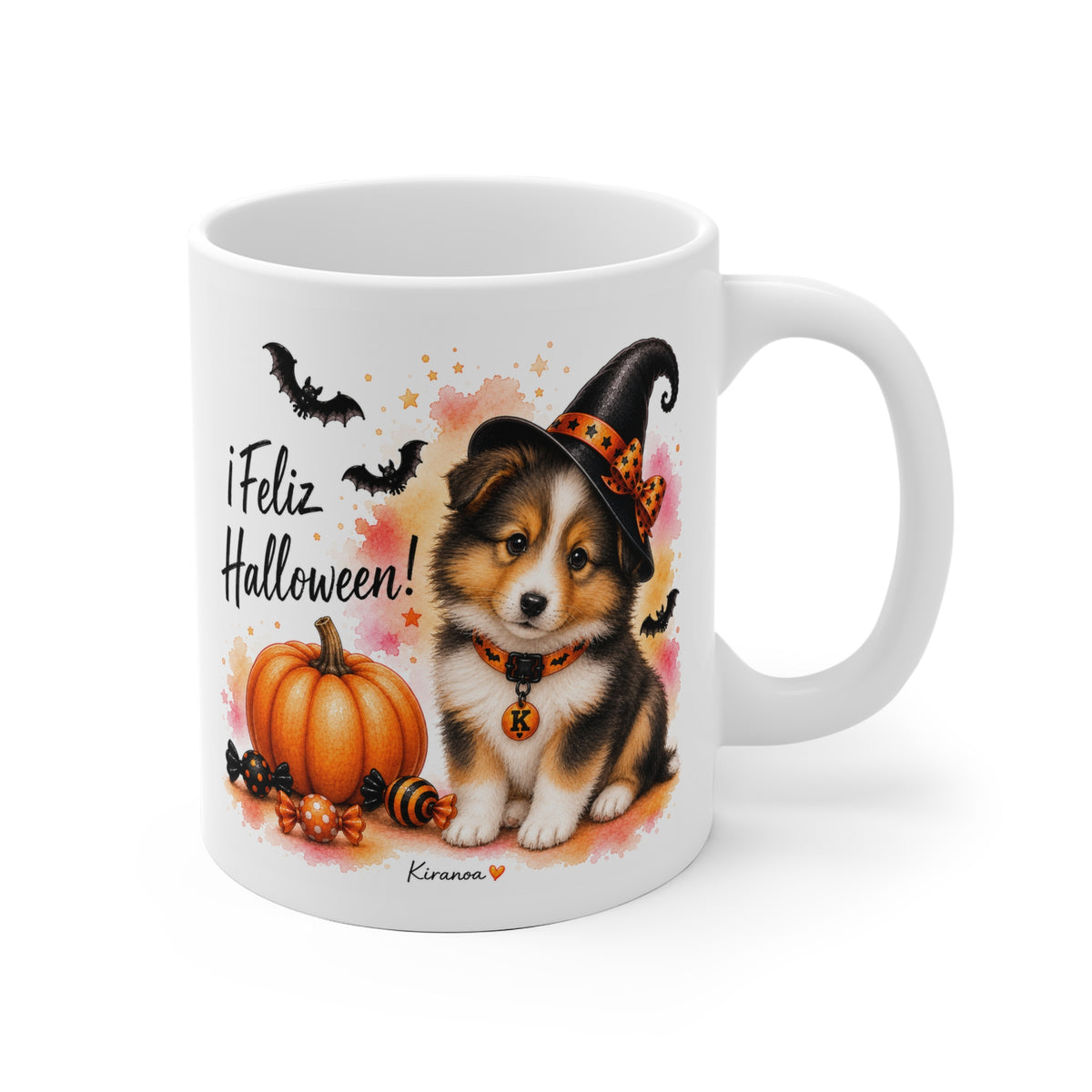 Taza cerámica Shetland Sheepdog Halloween con ilustración terrorífica vista frontal Kiranoa
