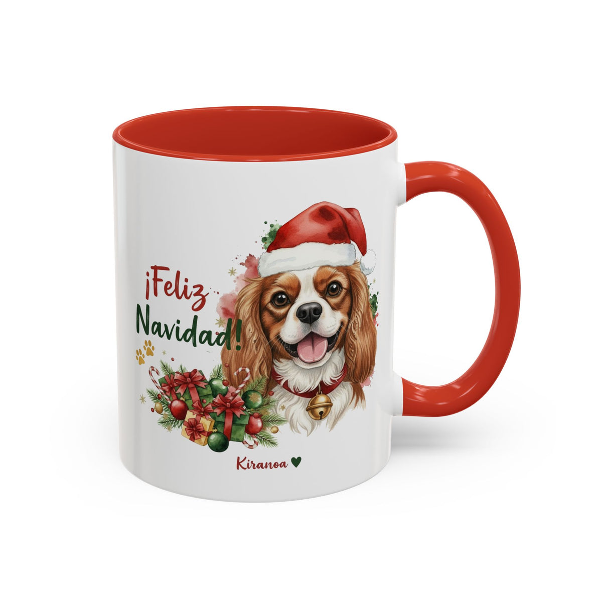 Taza Navideña Cavalier King Charles con frase ¡Feliz Navidad! vista frontal Kiranoa