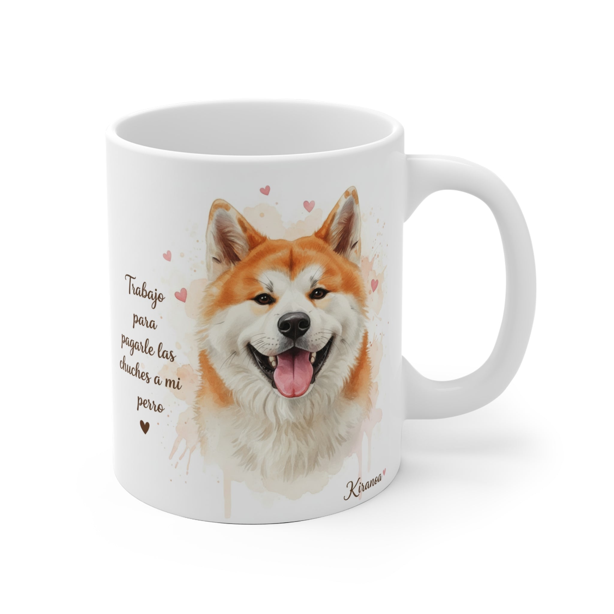 Taza de cerámica de 325 ml con ilustración de un Akita y la frase "Trabajo para pagarle las chuches a mi perro"