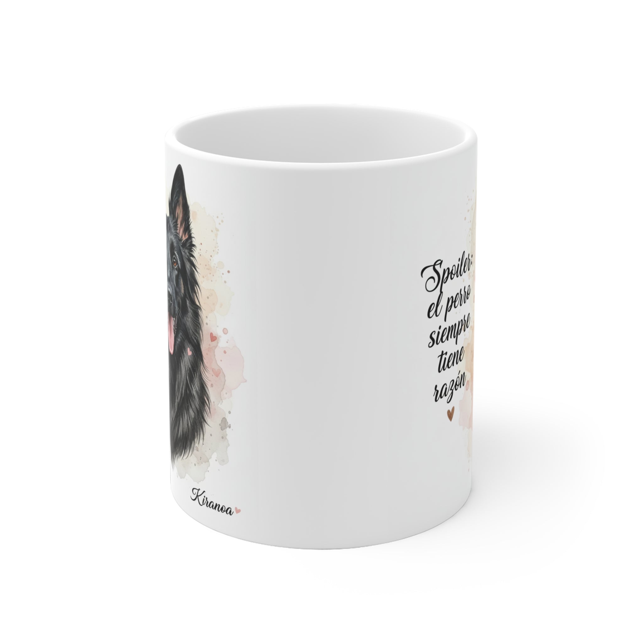 Vista lateral de la taza de cerámica 325 ml con ilustración de Pastor Belga Groenendael – Kiranoa
