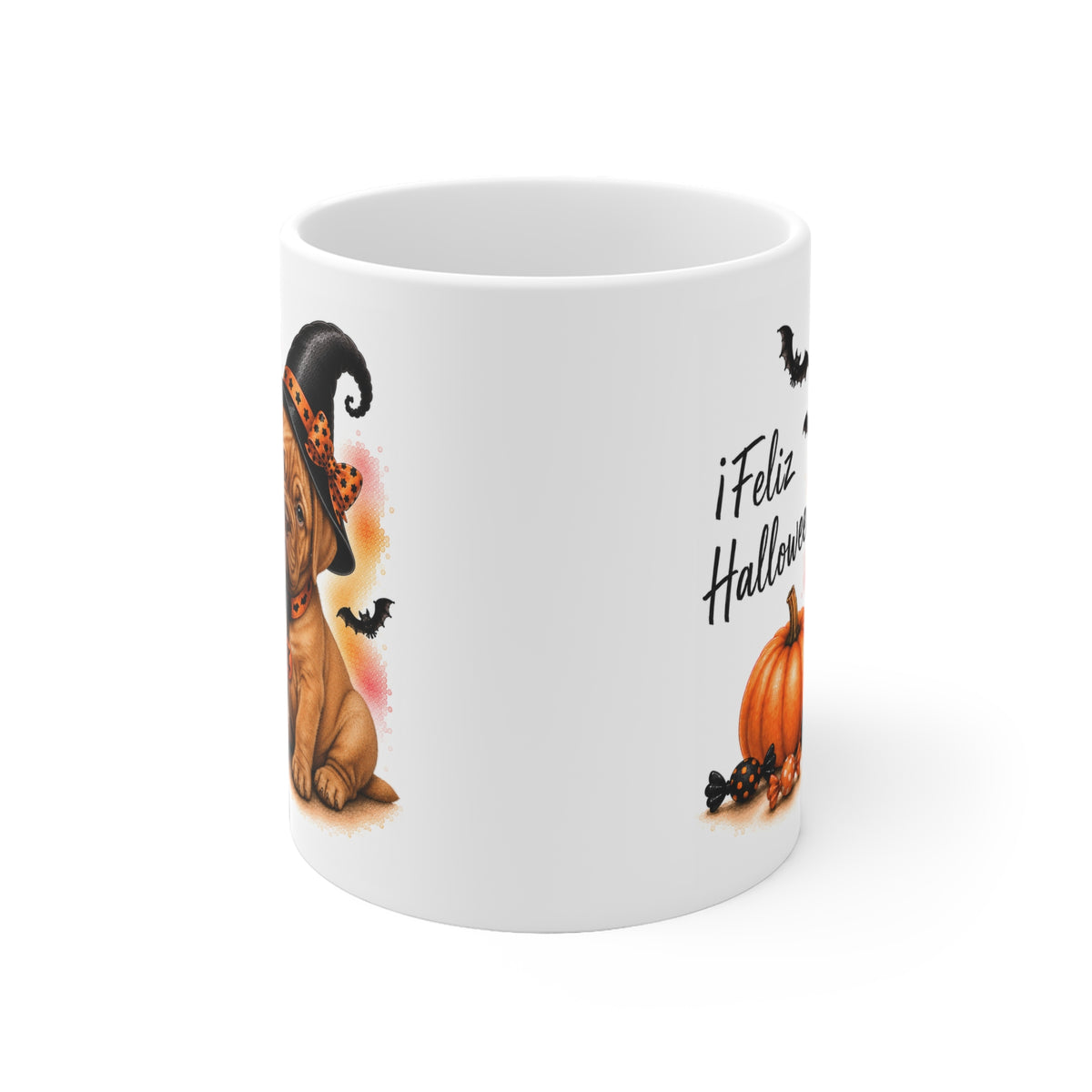 Taza cerámica Dogo de Burdeos 325 ml edición Halloween vista lateral Kiranoa