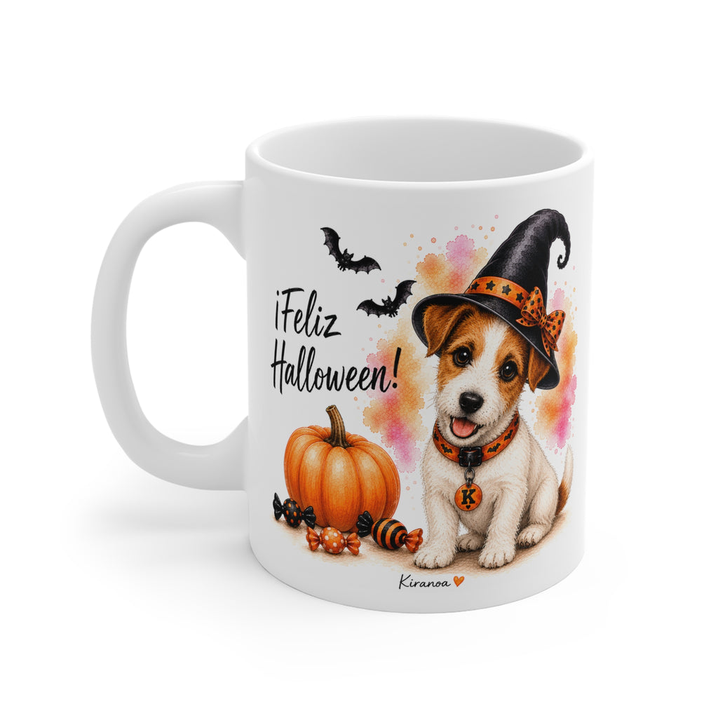 Taza cerámica Jack Russell Terrier Halloween con diseño impreso en ambas caras vista trasera Kiranoa