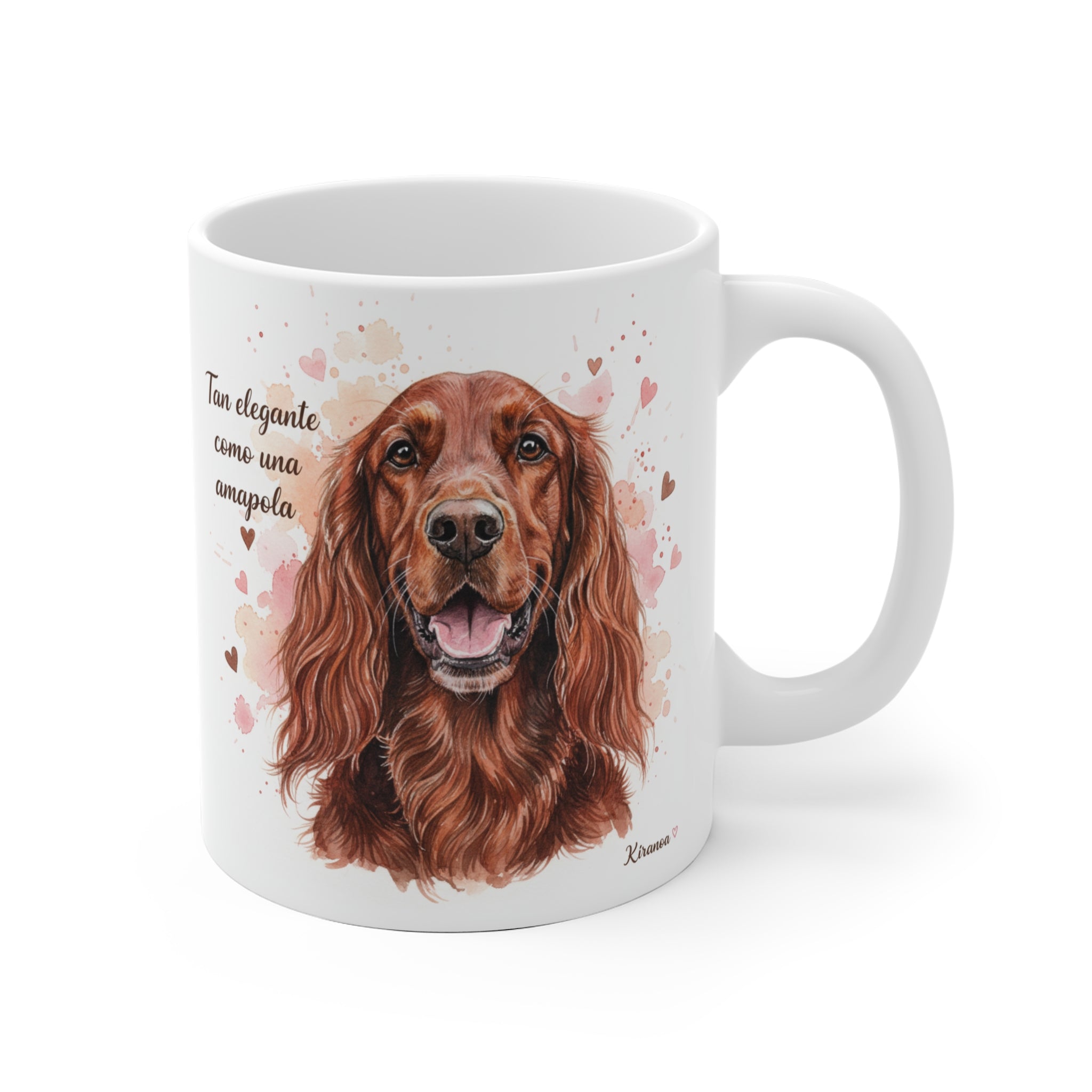 Taza cerámica Setter Irlandés con frase Tan elegante como una amapola – vista frontal