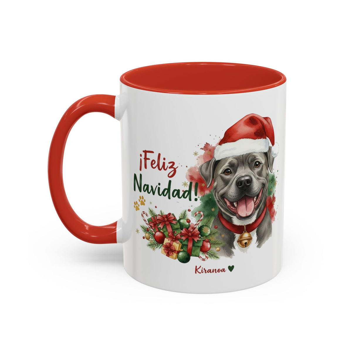Taza Navideña American Pit Bull Terrier Blue con interior y asa roja vista trasera Kiranoa