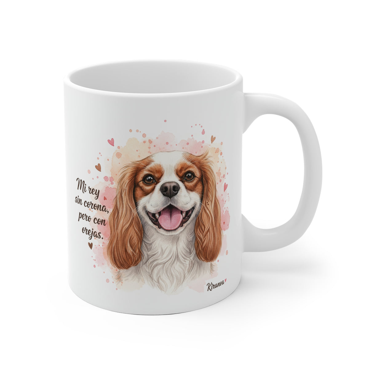 Taza cerámica Cavalier King Charles Spaniel con frase Mi rey sin corona pero con orejas – vista frontal
