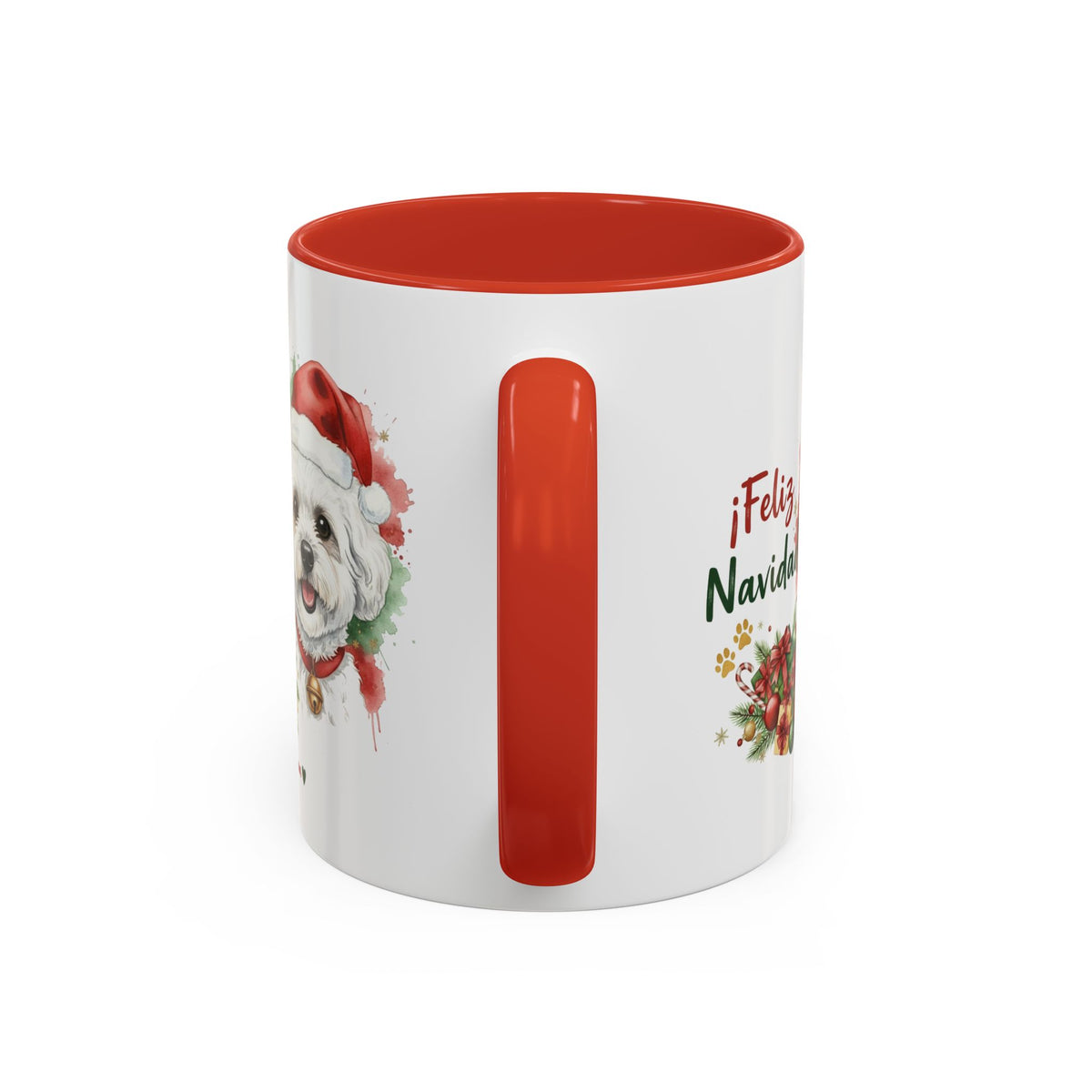 Taza Navideña Bichón Frisé de 325 ml con interior y asa en rojo navideño vista lateral Kiranoa