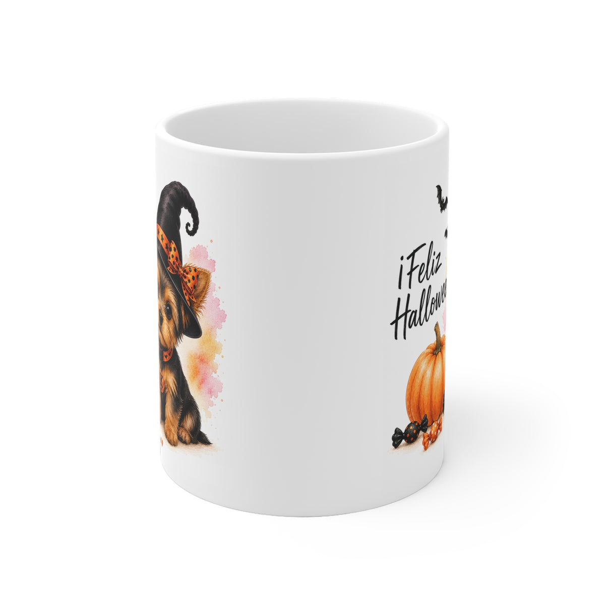 Taza cerámica Yorkshire Terrier 325 ml edición Halloween vista lateral Kiranoa