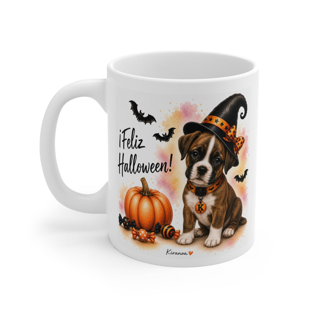 Taza cerámica Bóxer Halloween con diseño impreso en ambas caras vista trasera Kiranoa