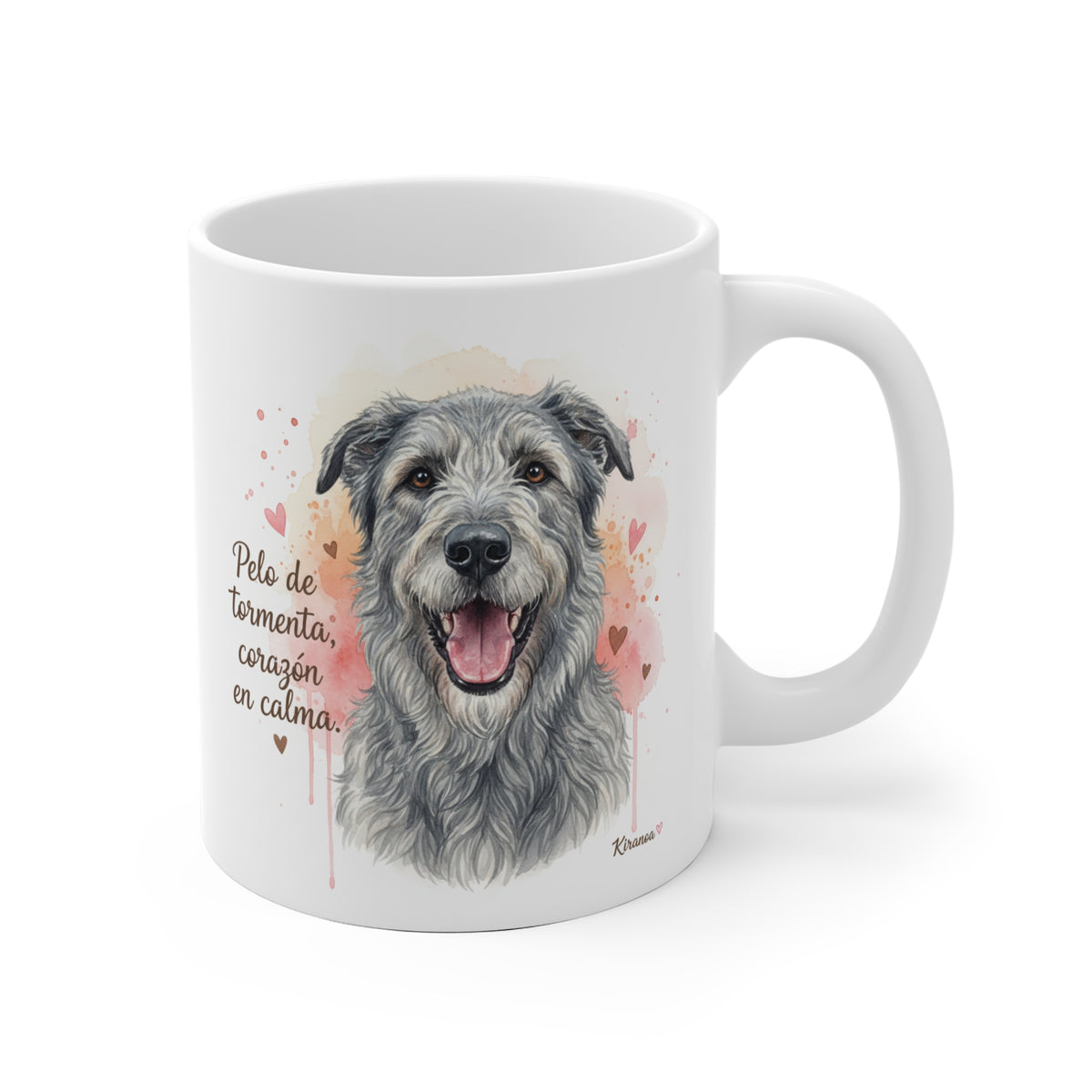 Taza cerámica Irish Wolfhound con frase Pelo de tormenta corazón en calma – vista frontal