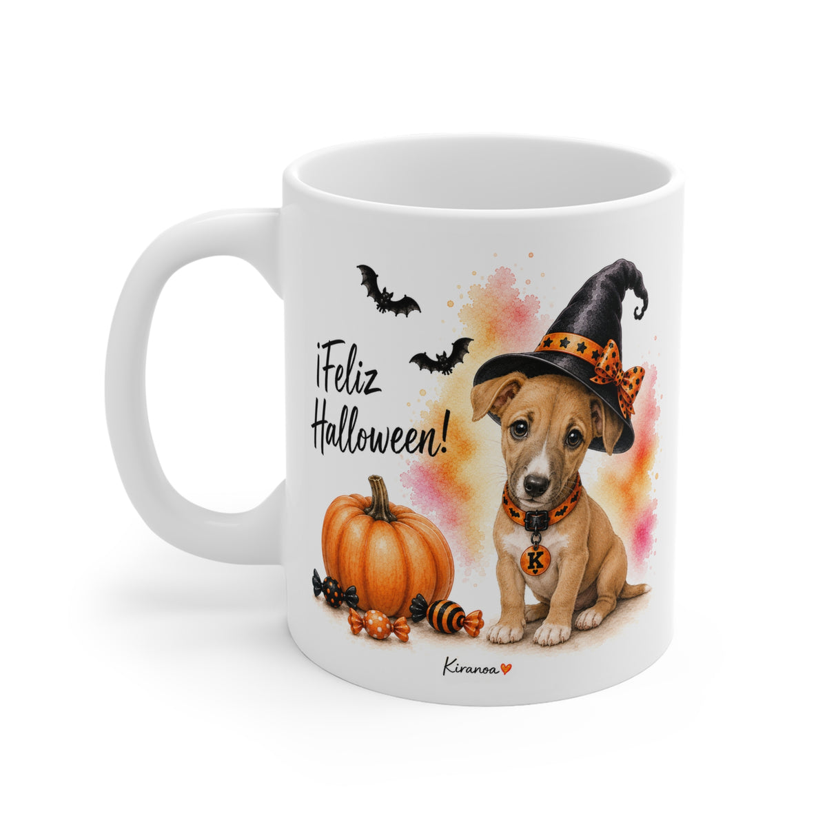 Taza cerámica Galgo Español Halloween con diseño impreso en ambas caras vista trasera Kiranoa