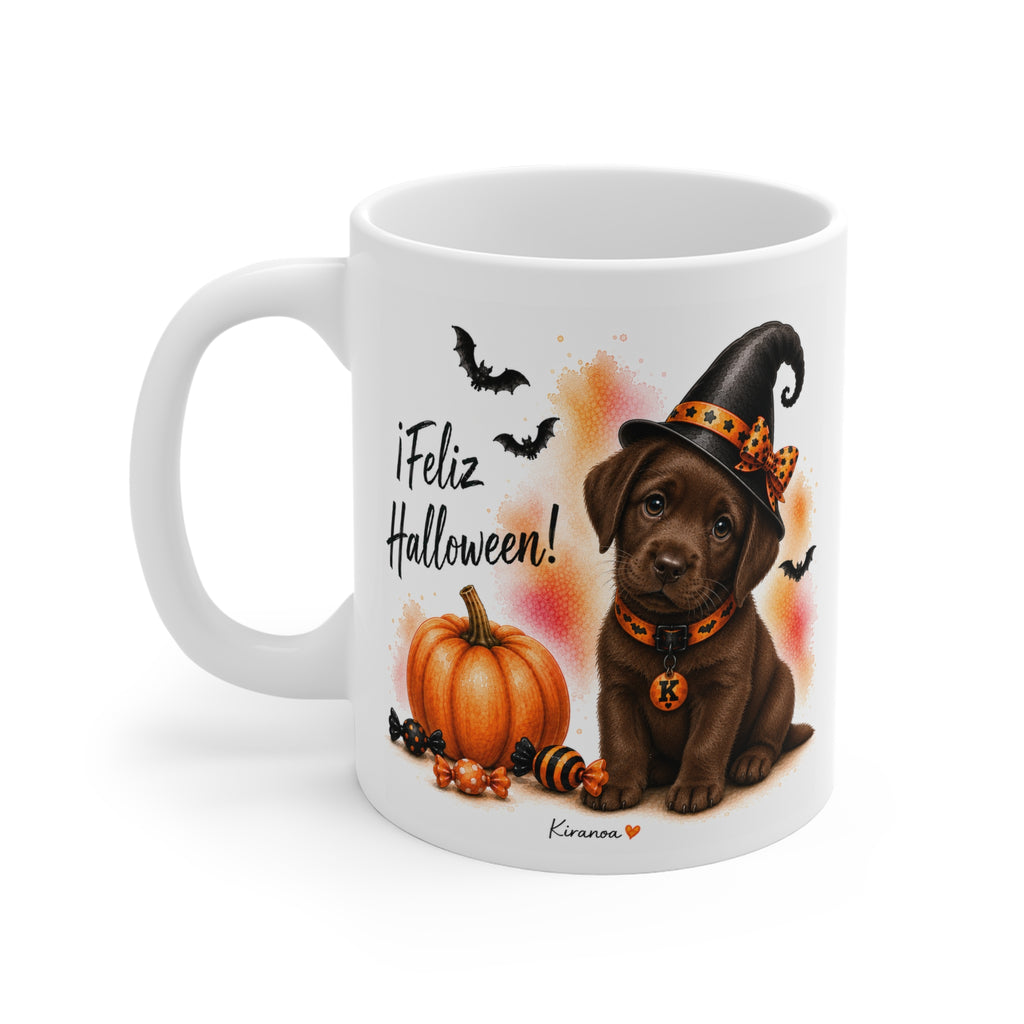 Taza cerámica Labrador Chocolate Halloween con diseño impreso en ambas caras vista trasera Kiranoa