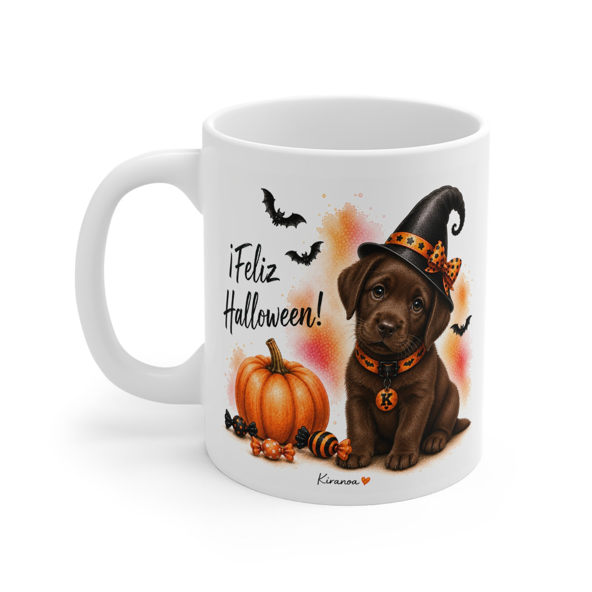 Taza cerámica Labrador Chocolate Halloween con diseño impreso en ambas caras vista trasera Kiranoa
