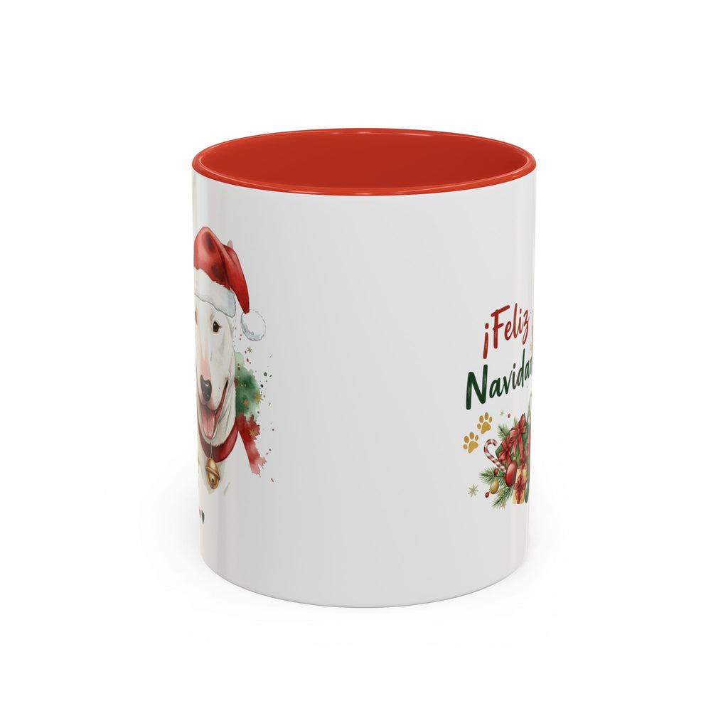 Taza Navideña Bull Terrier con diseño navideño impreso vista lateral Kiranoa