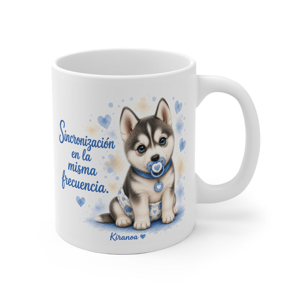 Taza cerámica Husky Siberiano Blue con frase Sincronización en la misma frecuencia – vista frontal