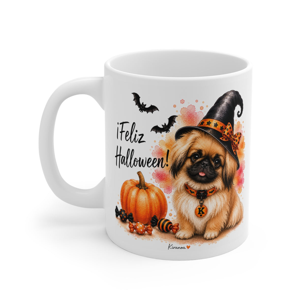 Taza cerámica Pequinés Halloween con diseño impreso en ambas caras vista trasera Kiranoa