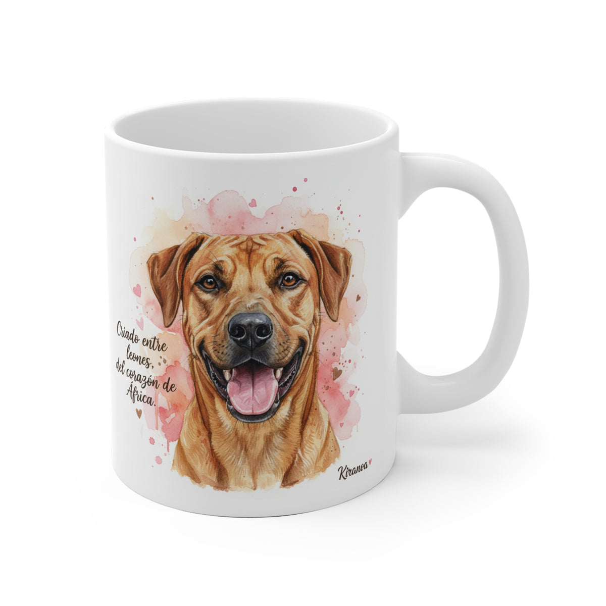 Taza cerámica Crestado Rodesiano con frase "Criado entre leones del corazón de África" – vista frontal