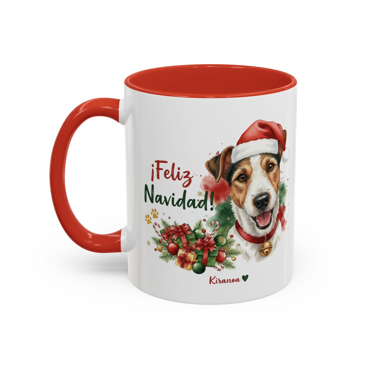 Taza Navideña Fox Terrier con interior y asa roja vista trasera Kiranoa