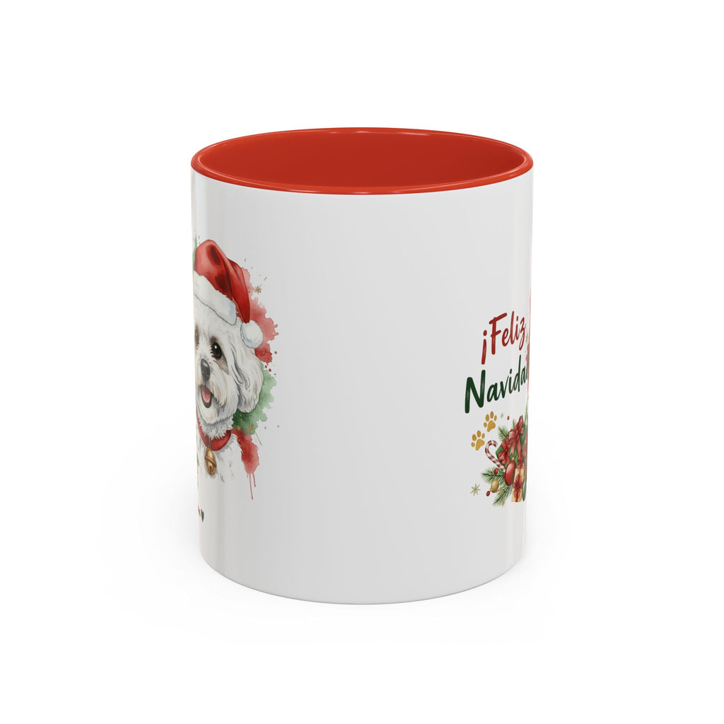 Taza Navideña Bichón Frisé con diseño navideño impreso vista lateral Kiranoa