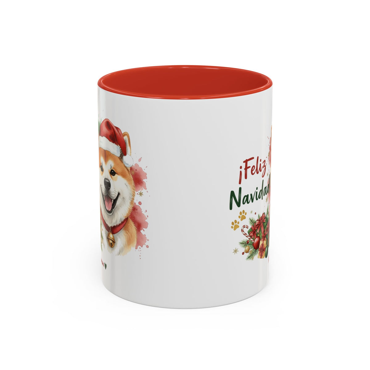 Taza Navideña Akita con diseño navideño impreso vista lateral Kiranoa