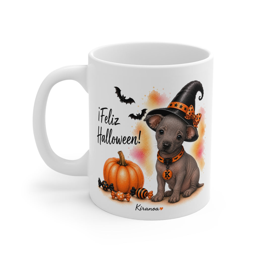 Taza cerámica Perro sin pelo del Perú Halloween con diseño impreso en ambas caras vista trasera Kiranoa