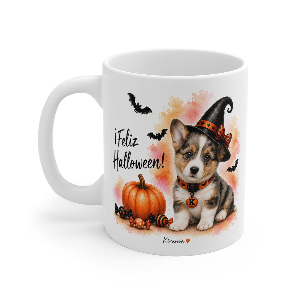 Taza cerámica Cardigan Welsh Corgi Halloween con diseño impreso en ambas caras vista trasera Kiranoa