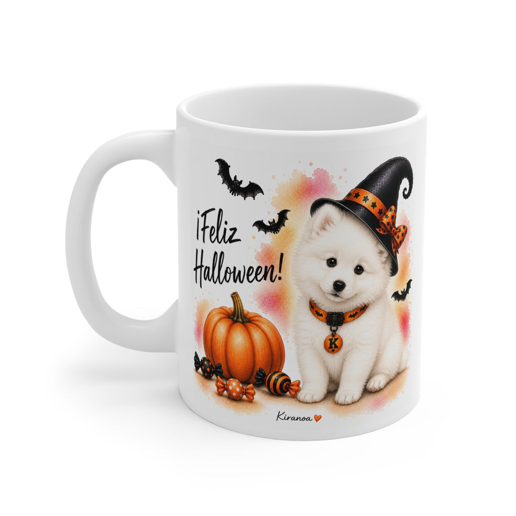 Taza cerámica Samoyedo Halloween con diseño impreso en ambas caras vista trasera Kiranoa