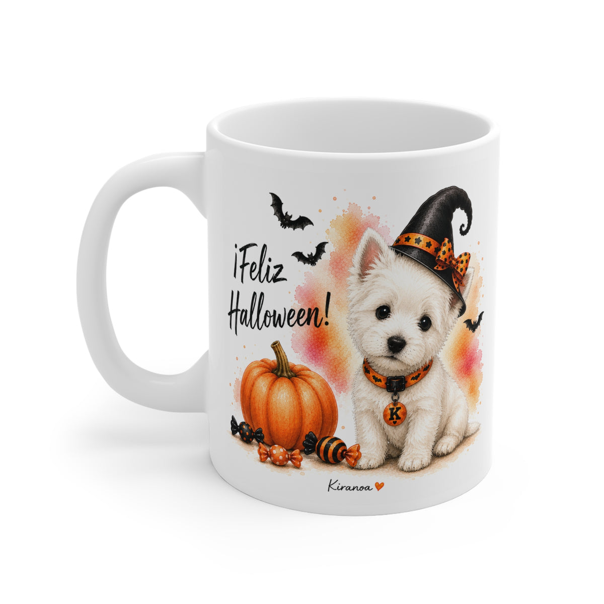 Taza cerámica Westie Halloween con diseño impreso en ambas caras vista trasera Kiranoa