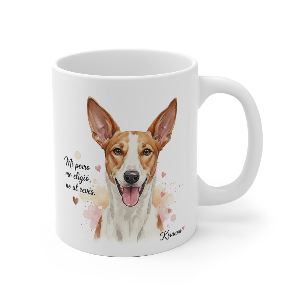Taza cerámica Podenco con frase Mi perro me eligió, no al revés. – vista frontal
