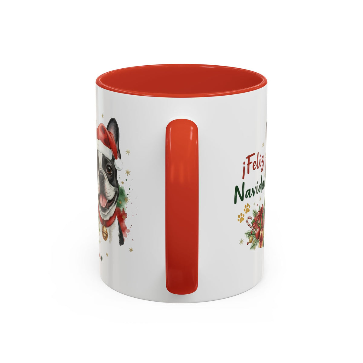 Taza Navideña Bulldog Francés de 325 ml con interior y asa en rojo navideño vista lateral Kiranoa