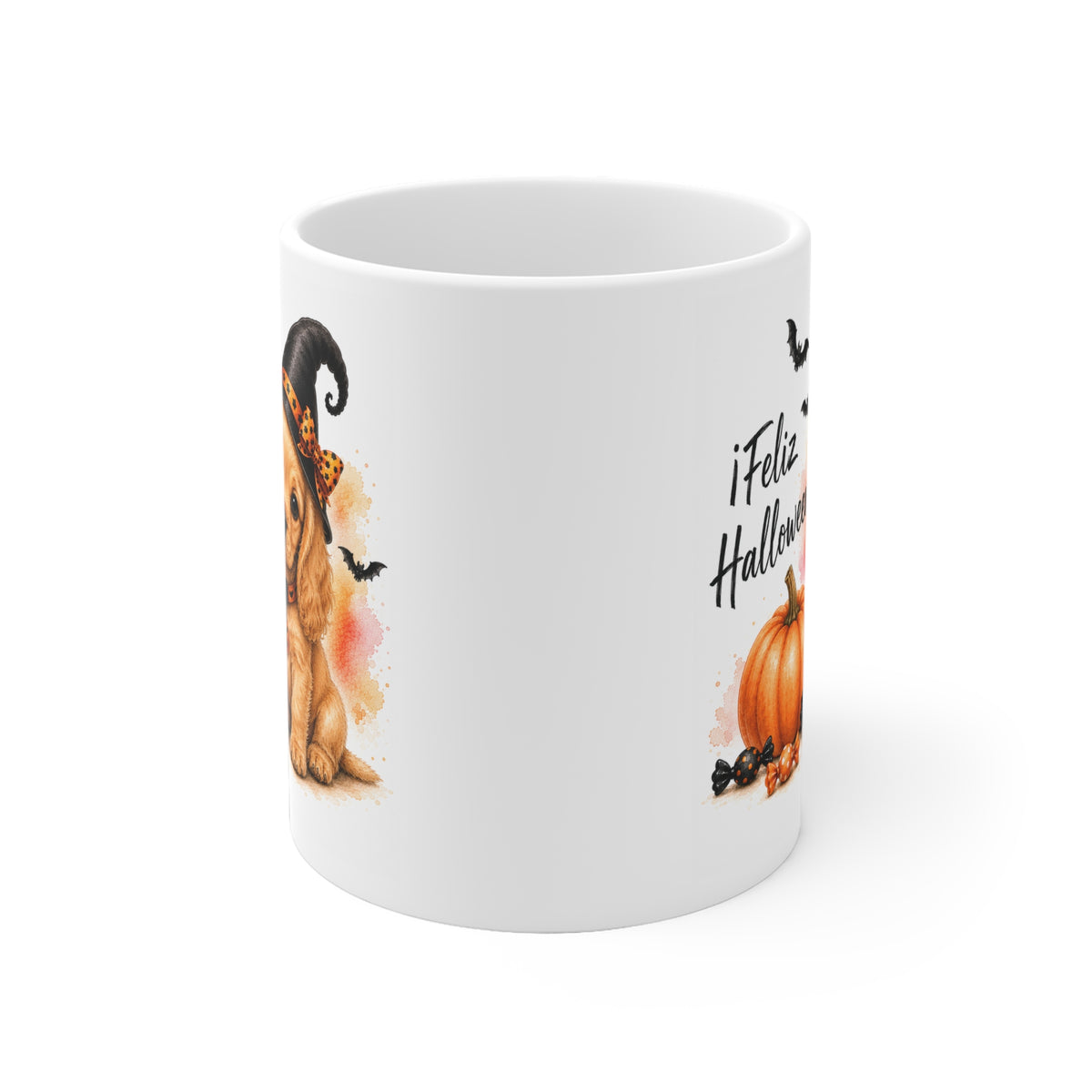 Taza cerámica Cocker Spaniel Inglés 325 ml edición Halloween vista lateral Kiranoa