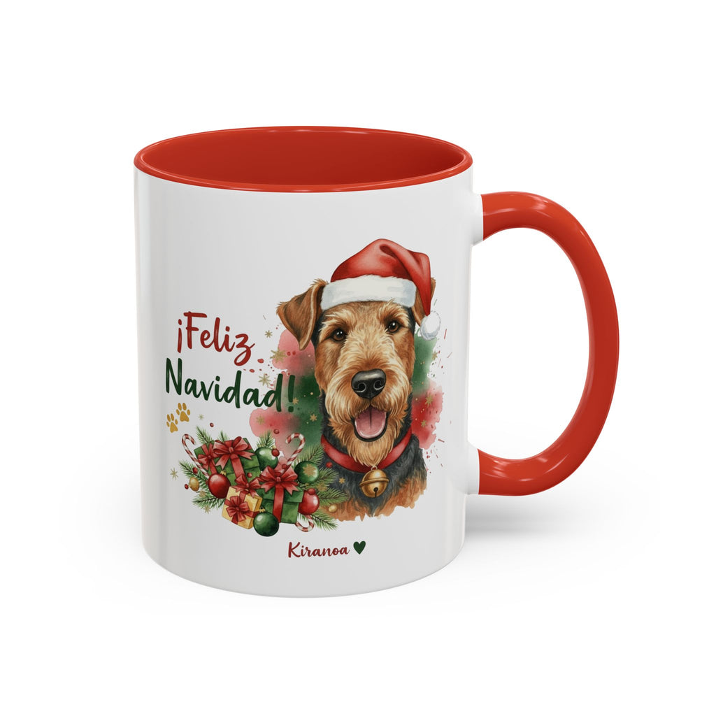 Taza Navideña Airedale Terrier con frase ¡Feliz Navidad! vista frontal Kiranoa