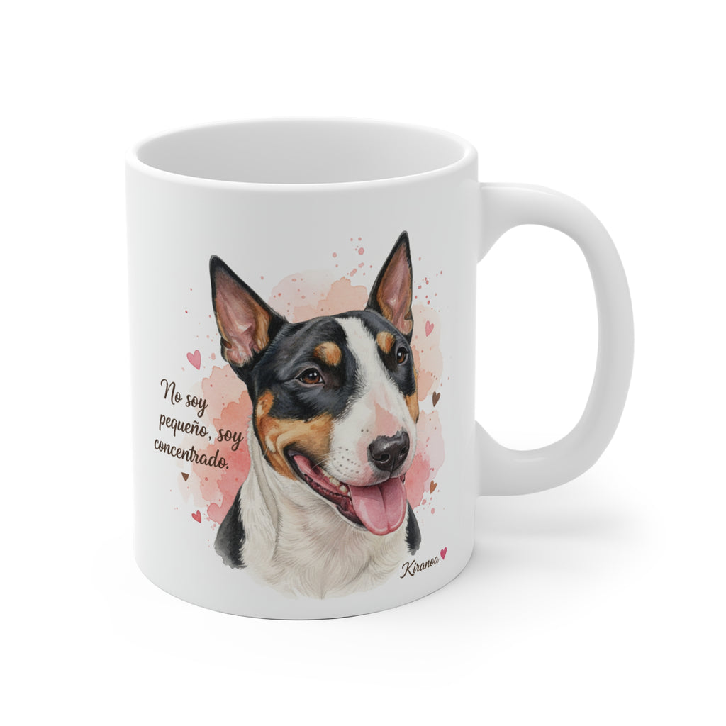 Taza cerámica Bull Terrier Miniatura con frase No soy pequeño, soy concentrado. vista frontal
