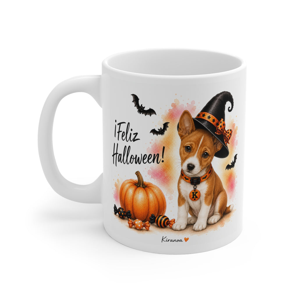 Taza cerámica Basenji Halloween con diseño impreso en ambas caras vista trasera Kiranoa