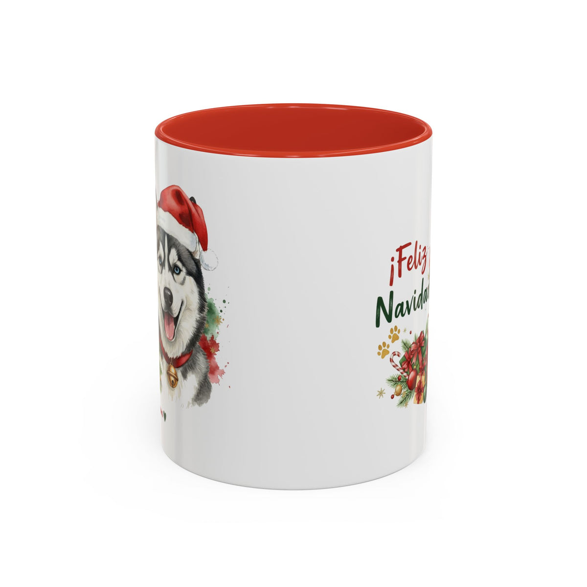 Taza Navideña Husky Siberiano con diseño navideño impreso vista lateral Kiranoa