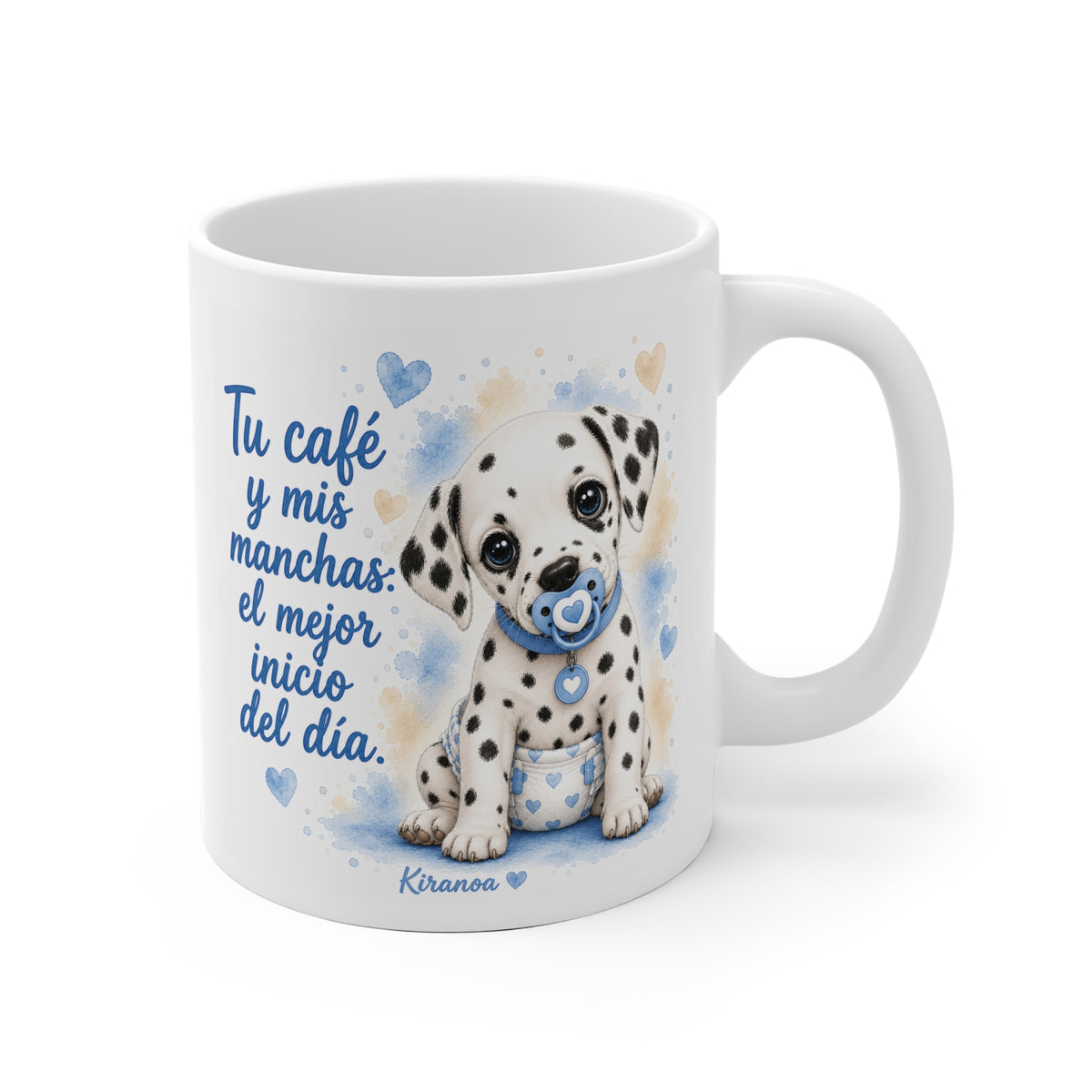 Taza cerámica Dálmata Blue con frase Tu café y mis manchas el mejor inicio del día – vista frontal